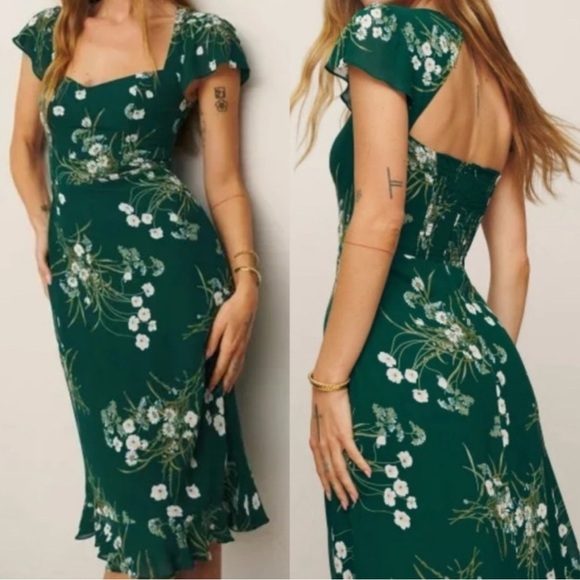 Reformation Rosi Midi Green Floral Dress in Buena (6) - Picture 8 of 9